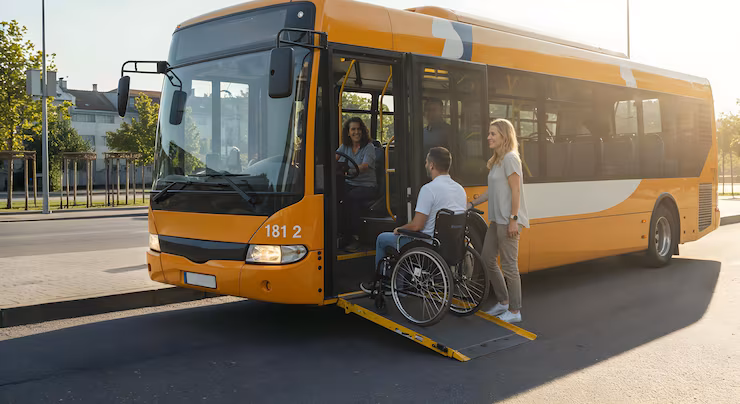 Accessible bus with ramp for wheelchair user