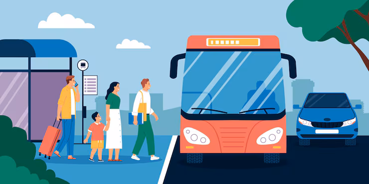 Happy people with luggage getting on bus at shelter stop flat vector illustration
