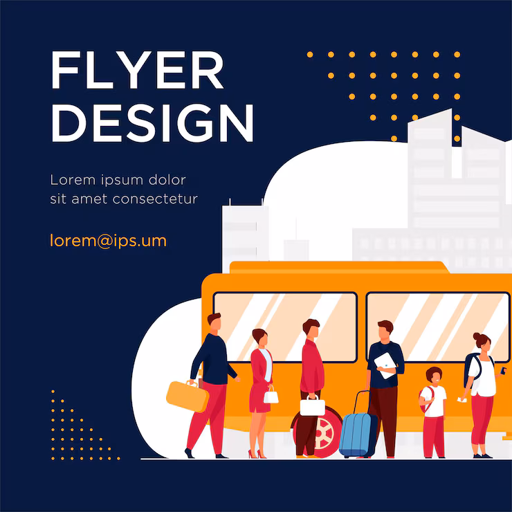 Passengers waiting for bus in city. Queue, town, road flat Flyer template