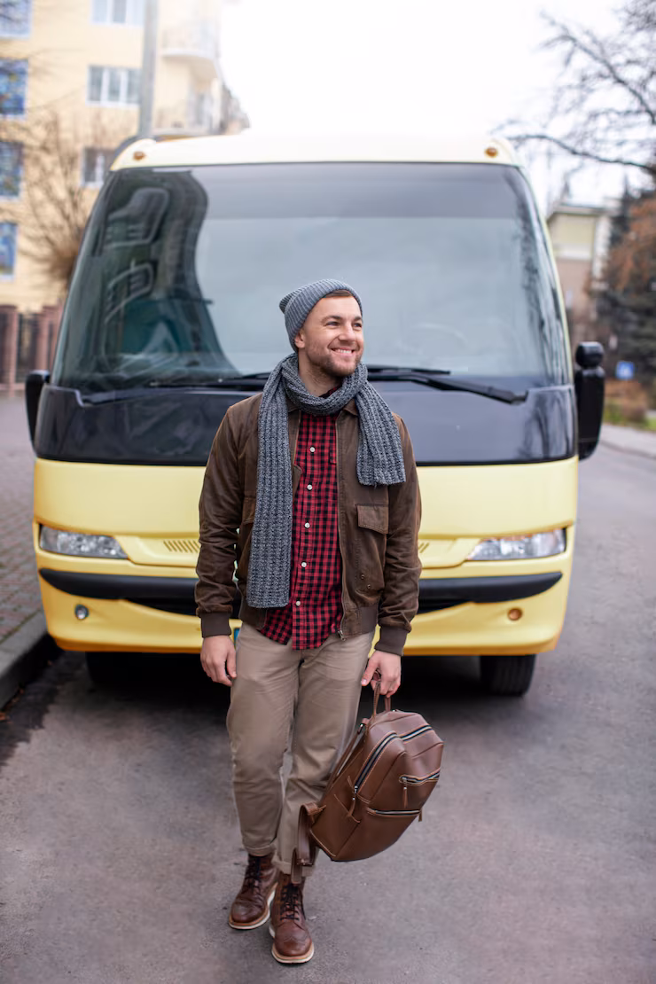 Young adult travelling in winter time